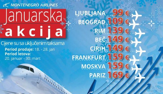 Januarska akcija u Montenegro Airlinesu, karte po povoljnim cijenama